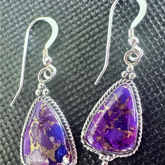 Southwestern Genuine Purple Turquoise drop Earrings in 925 Sterling Silver NWT - Picture 5 of 9